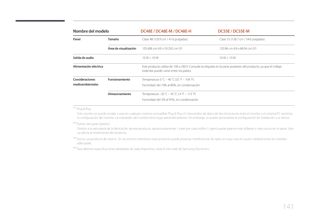 Samsung LH40DCEPLGC/EN, LH75EDEPLGC/EN manual 141, Consideraciones Funcionamiento, Medioambientales, Almacenamiento 