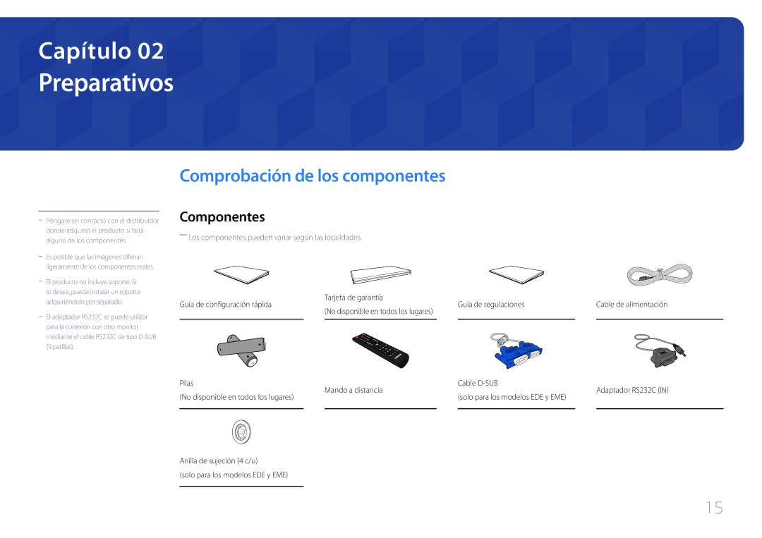 Samsung LH40DCEMLGC/EN, LH75EDEPLGC/EN, LH40DCEPLGC/EN manual Preparativos, Comprobación de los componentes, Componentes 