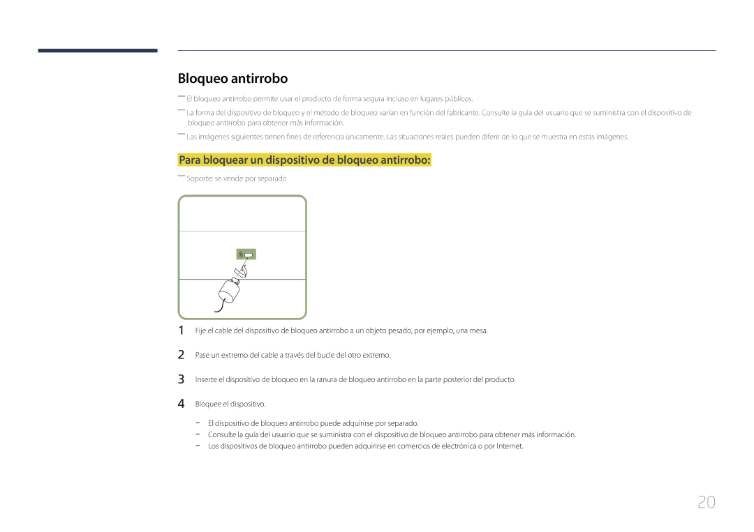 Samsung LH75EDEPLGC/EN, LH40DCEPLGC/EN, LH48DCEPLGC/EN Bloqueo antirrobo, Para bloquear un dispositivo de bloqueo antirrobo 