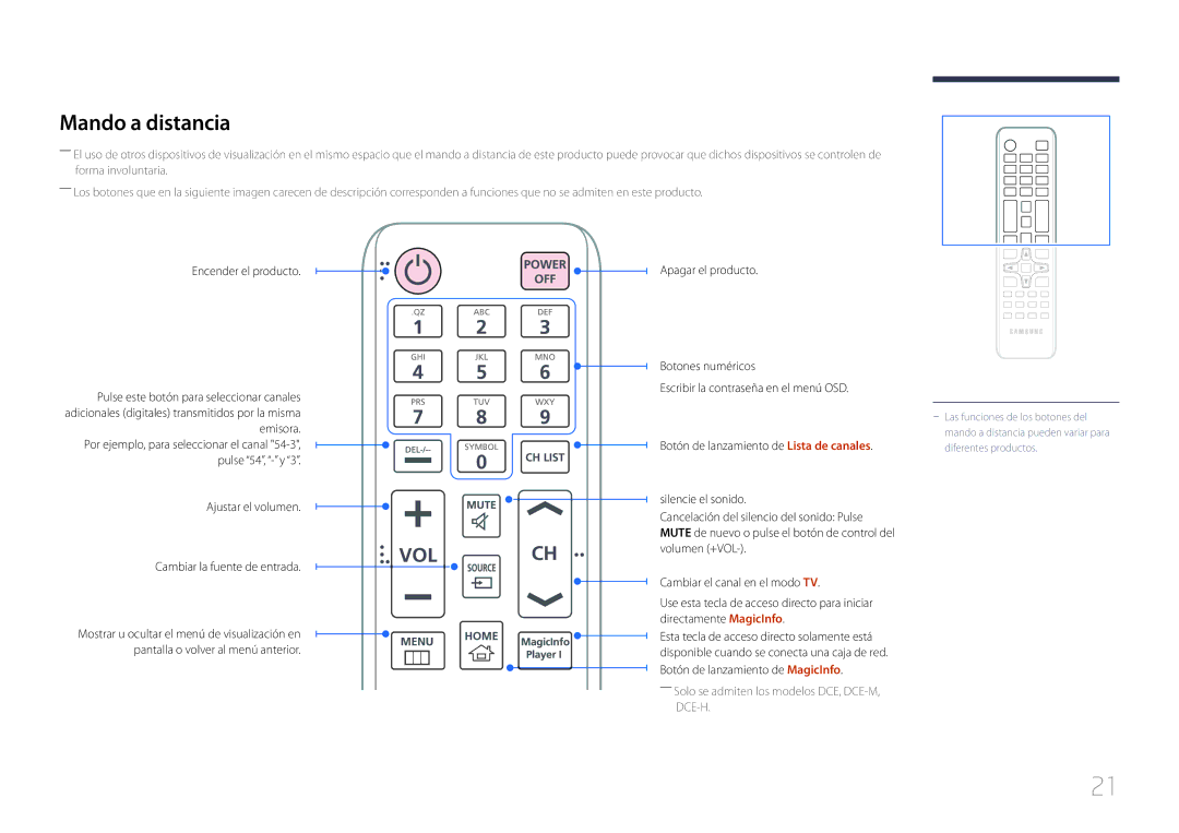 Samsung LH40DCEPLGC/EN, LH75EDEPLGC/EN, LH48DCEPLGC/EN Mando a distancia, Ajustar el volumen Cambiar la fuente de entrada 