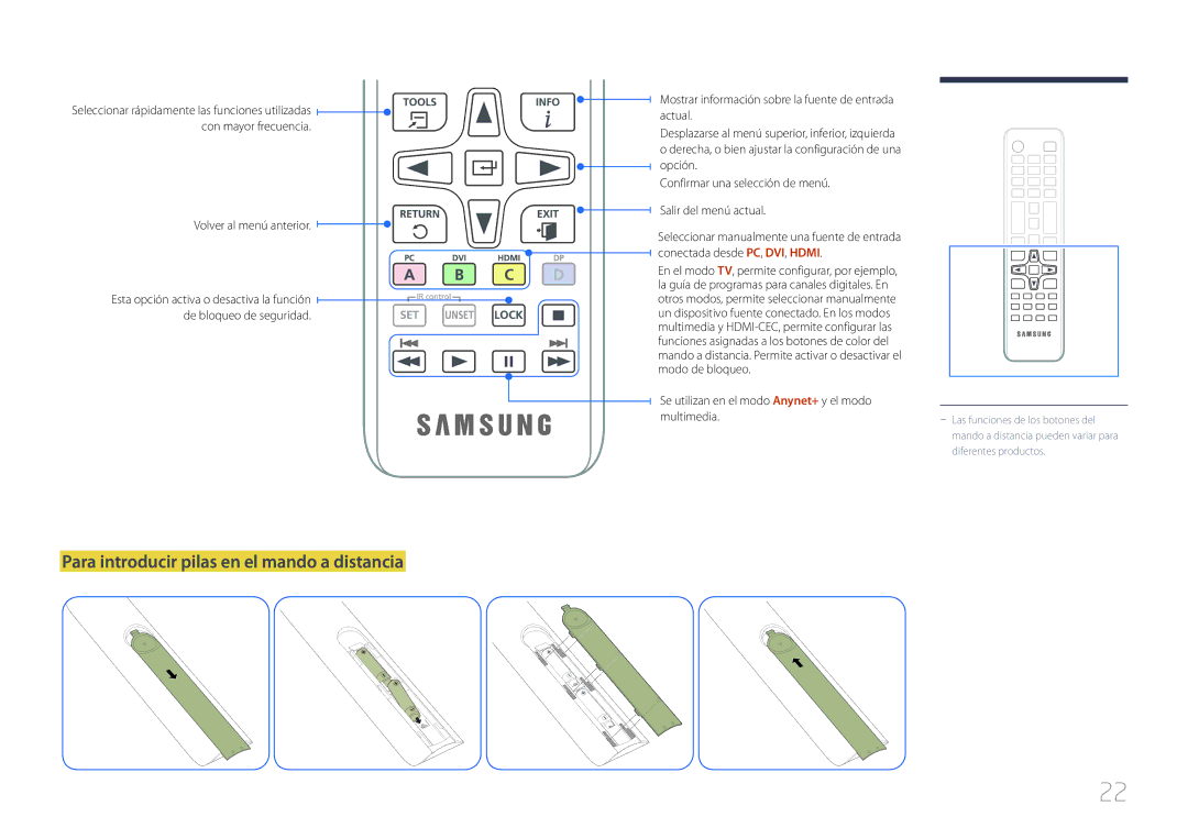 Samsung LH48DCEPLGC/EN, LH75EDEPLGC/EN manual Para introducir pilas en el mando a distancia, Volver al menú anterior 