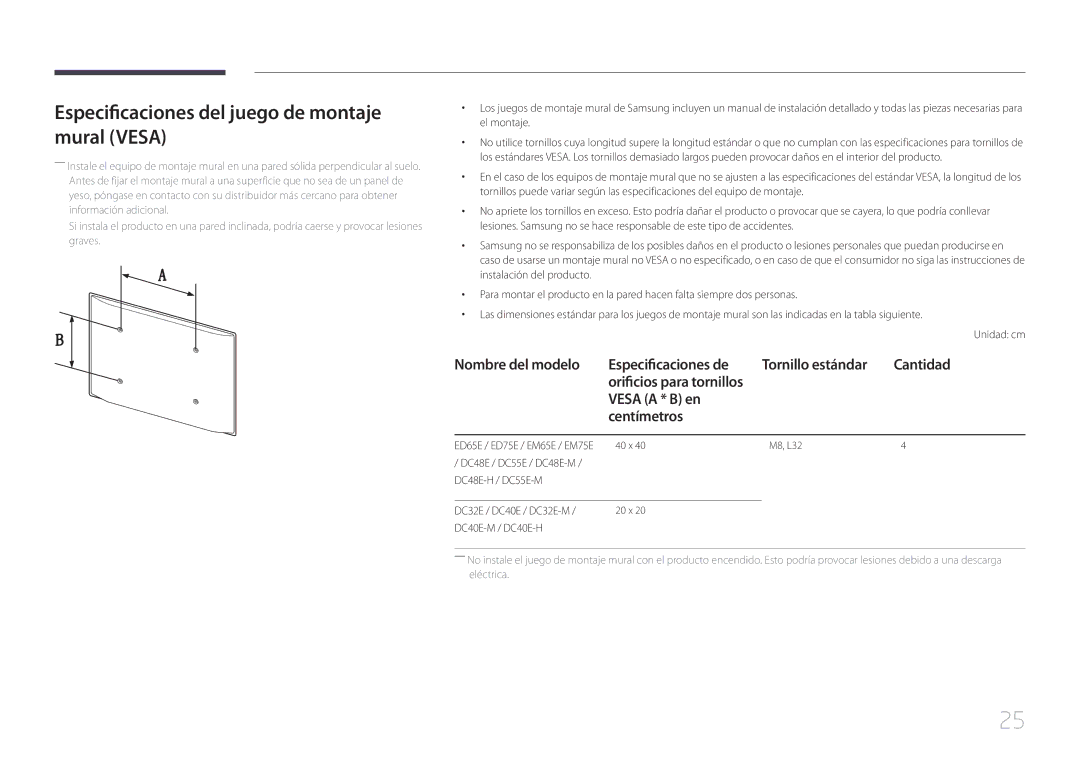 Samsung LH40DCEMLGC/EN Especificaciones del juego de montaje mural Vesa, Nombre del modelo Especificaciones de, Cantidad 