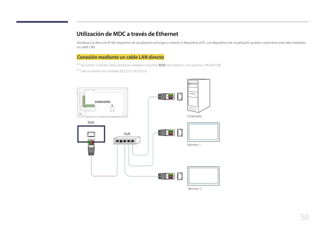 Samsung LH75EDEPLGC/EN, LH40DCEPLGC/EN Utilización de MDC a través de Ethernet, Conexión mediante un cable LAN directo 