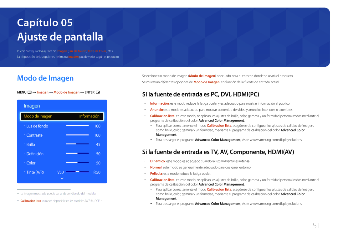 Samsung LH40DCEPLGC/EN, LH75EDEPLGC/EN manual Ajuste de pantalla, Modo de Imagen, Si la fuente de entrada es PC, DVI, Hdmipc 