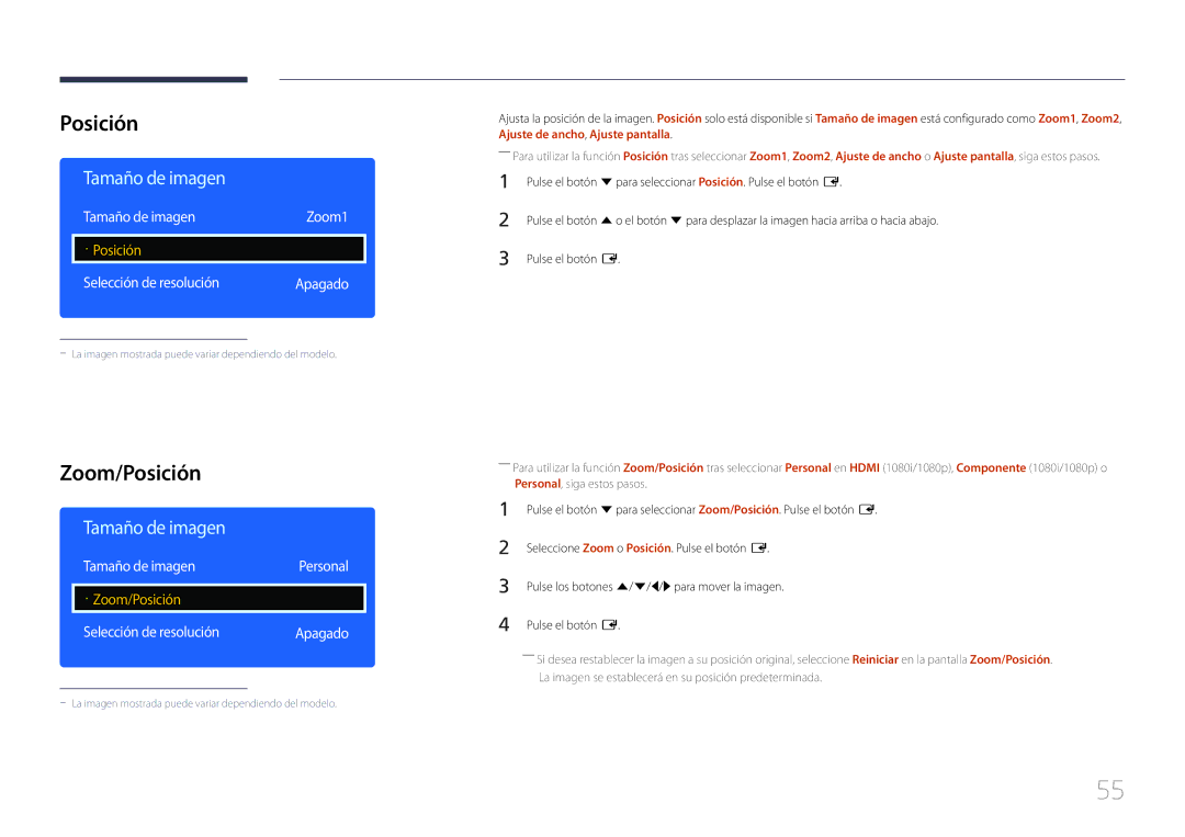 Samsung LH40DCEMLGC/EN, LH75EDEPLGC/EN, LH40DCEPLGC/EN, LH48DCEPLGC/EN, LH55DCEMLGC/EN Zoom/Posición, Tamaño de imagen 