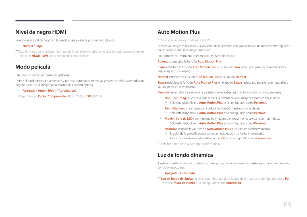 Samsung LH55DCEMLGC/EN, LH75EDEPLGC/EN manual Nivel de negro Hdmi, Modo película, Auto Motion Plus, Luz de fondo dinámica 