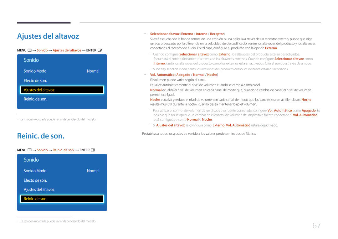 Samsung LH48DCEMLGC/EN, LH75EDEPLGC/EN, LH40DCEPLGC/EN manual Reinic. de son, Efecto de son Ajustes del altavoz 