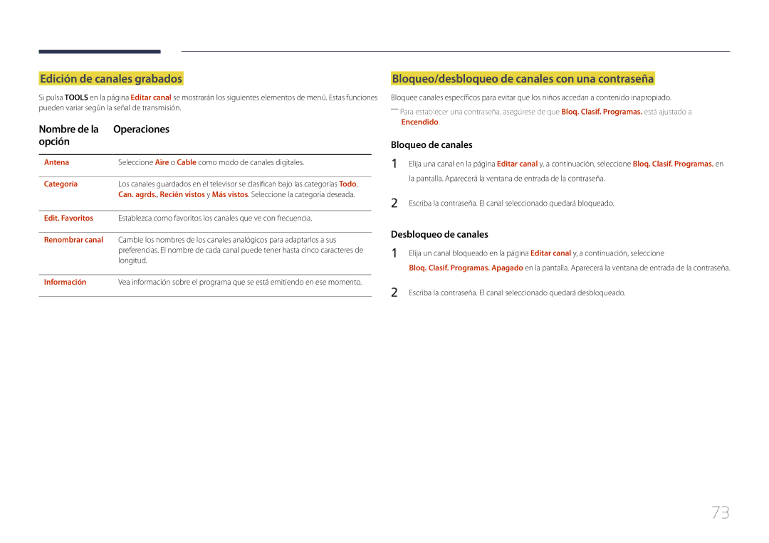Samsung LH55DCEMLGC/EN, LH75EDEPLGC/EN manual Edición de canales grabados, Bloqueo/desbloqueo de canales con una contraseña 