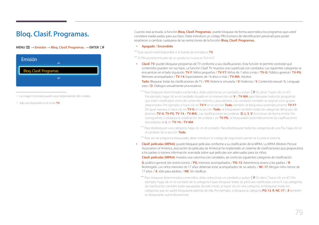 Samsung LH32DCEPLGC/EN, LH75EDEPLGC/EN, LH40DCEPLGC/EN manual Menu m → Emisión → Bloq. Clasif. Programas. → Enter E 