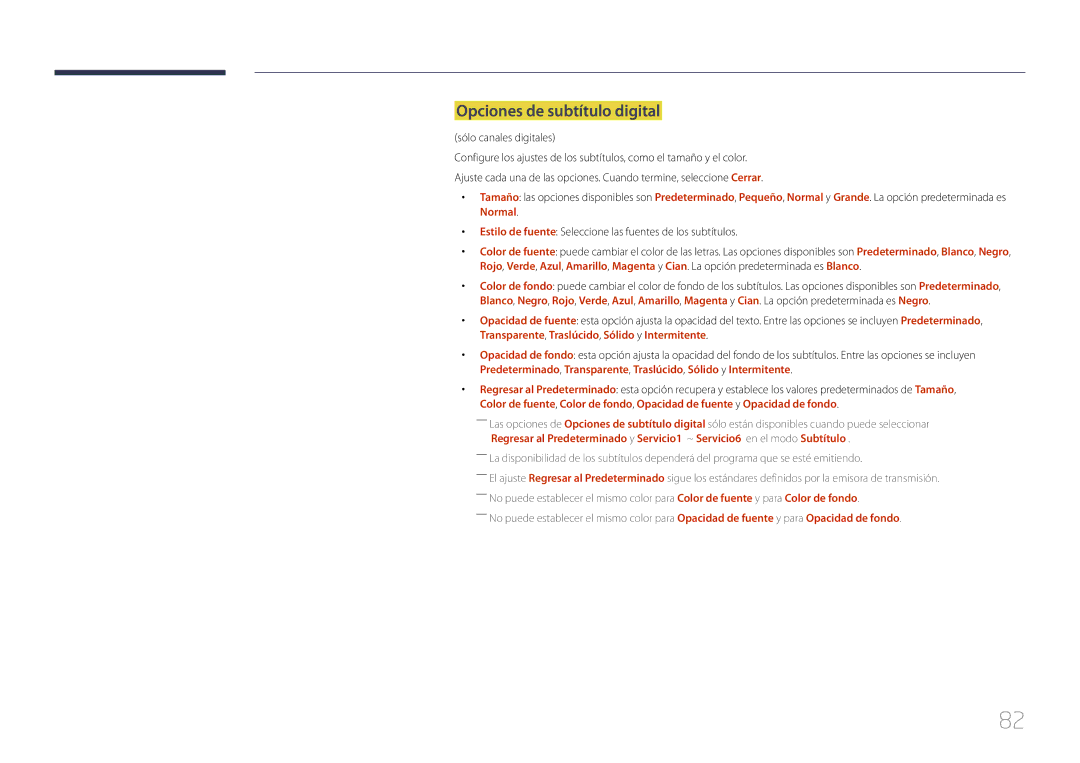 Samsung LH48DCEPLGC/EN, LH75EDEPLGC/EN, LH40DCEPLGC/EN, LH55DCEMLGC/EN Opciones de subtítulo digital, Sólo canales digitales 