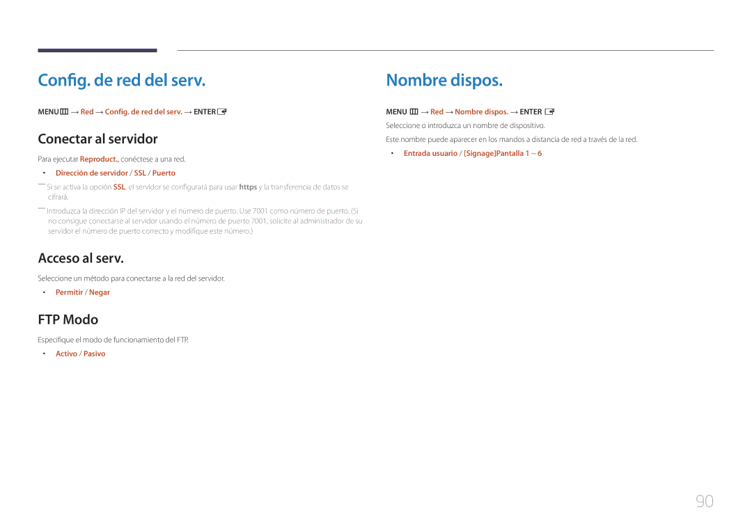 Samsung LH75EDEPLGC/EN manual Config. de red del serv, Nombre dispos, Conectar al servidor, Acceso al serv, FTP Modo 