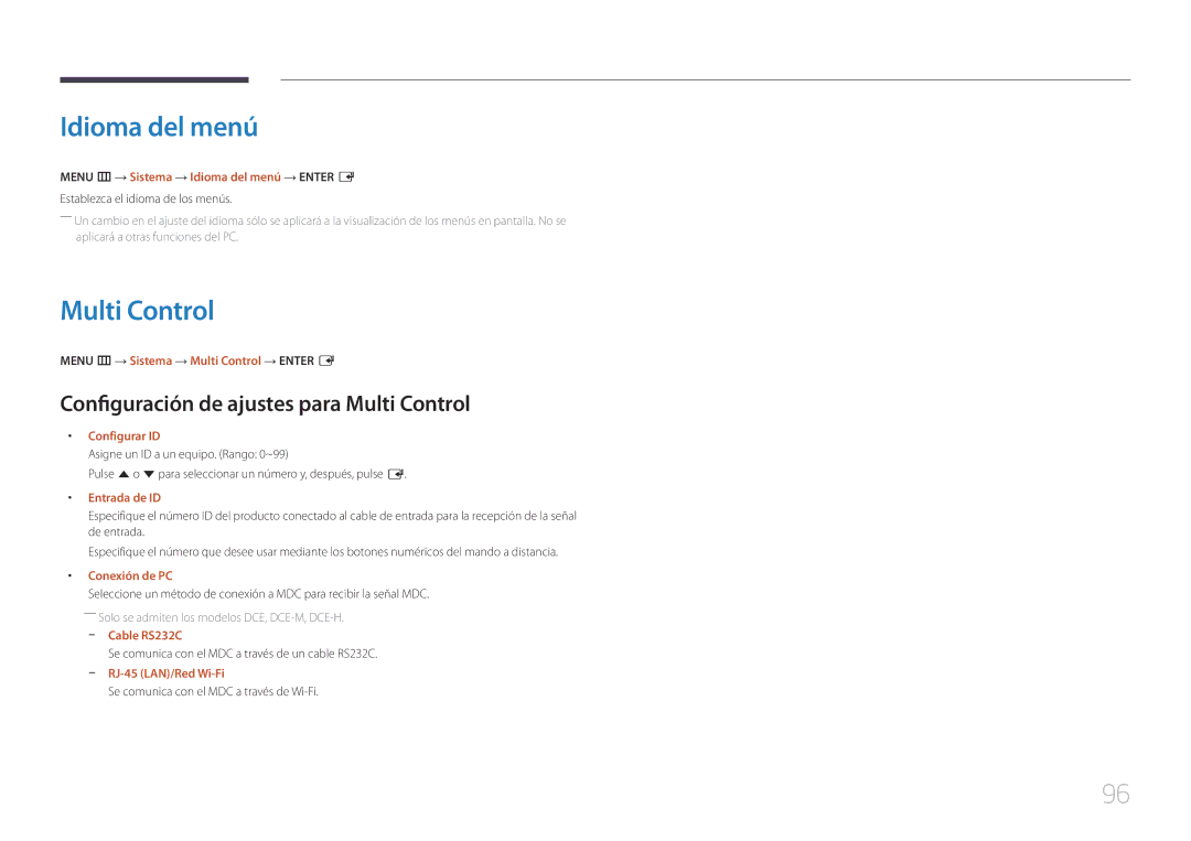 Samsung LH32DCEMLGC/EN, LH75EDEPLGC/EN, LH40DCEPLGC/EN Idioma del menú, Configuración de ajustes para Multi Control 