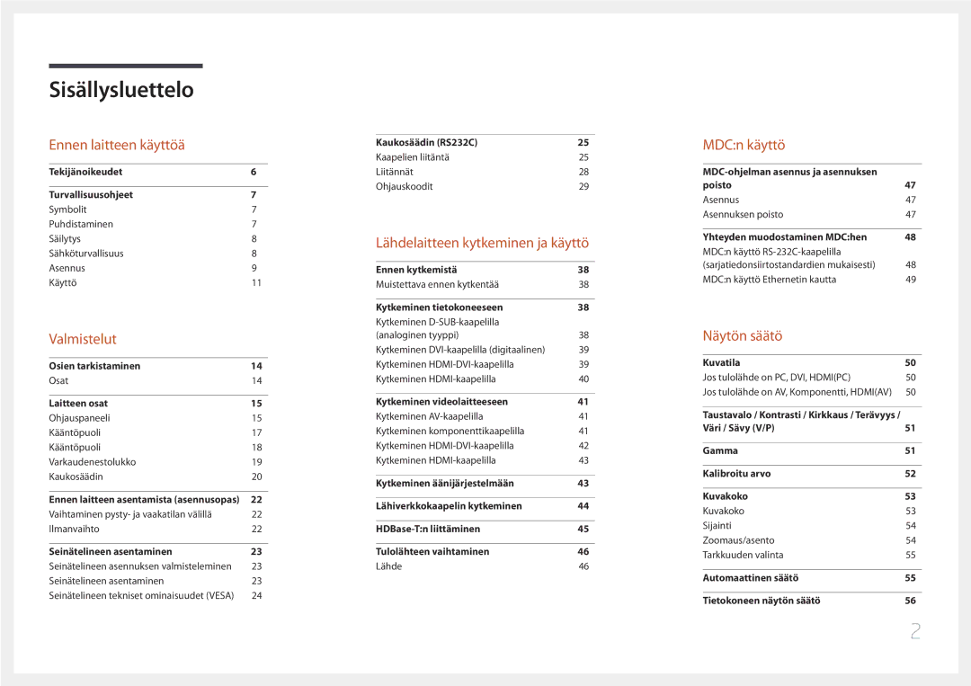 Samsung LH48DCEPLGC/EN, LH75EDEPLGC/EN, LH40DCEPLGC/EN, LH55DCEMLGC/EN, LH65EDEPLGC/EN, LH40DCEMLGC/EN manual Sisällysluettelo 