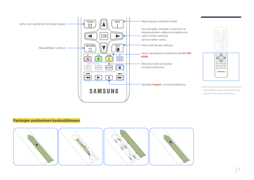 Samsung LH55DCEMLGC/EN manual Paristojen asettaminen kaukosäätimeen, Valitse usein käyttämiäsi toimintoja nopeasti 