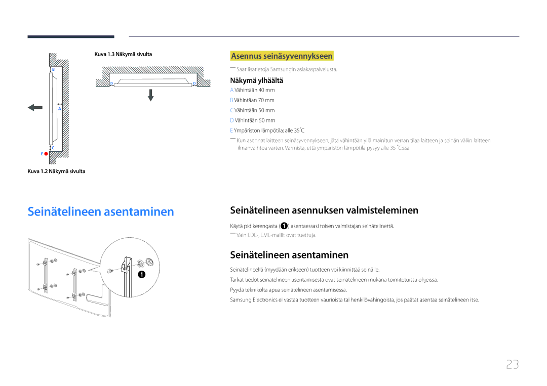 Samsung LH40DCEMLGC/EN Seinätelineen asentaminen, Seinätelineen asennuksen valmisteleminen, Asennus seinäsyvennykseen 