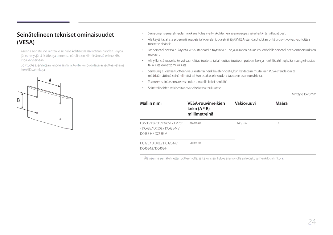 Samsung LH32DCEMLGC/EN, LH75EDEPLGC/EN Seinätelineen tekniset ominaisuudet Vesa, DC48E-H / DC55E-M DC32E / DC40E / DC32E-M 