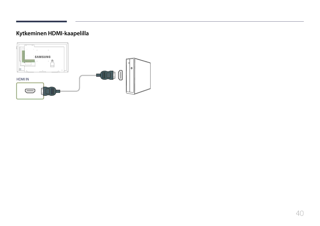 Samsung LH65EDEPLGC/EN, LH75EDEPLGC/EN, LH40DCEPLGC/EN, LH48DCEPLGC/EN, LH55DCEMLGC/EN manual Kytkeminen HDMI-kaapelilla 