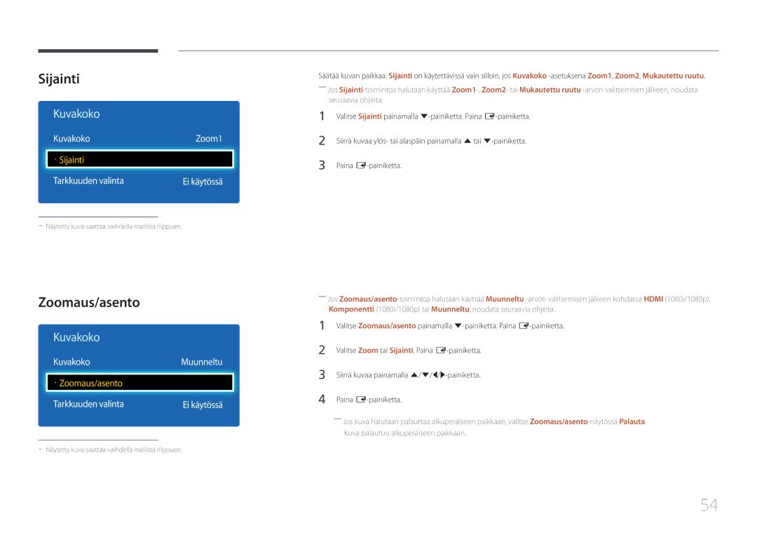 Samsung LH75EDEPLGC/EN, LH40DCEPLGC/EN, LH48DCEPLGC/EN manual Sijainti, Zoomaus/asento, KuvakokoZoom1, KuvakokoMuunneltu 