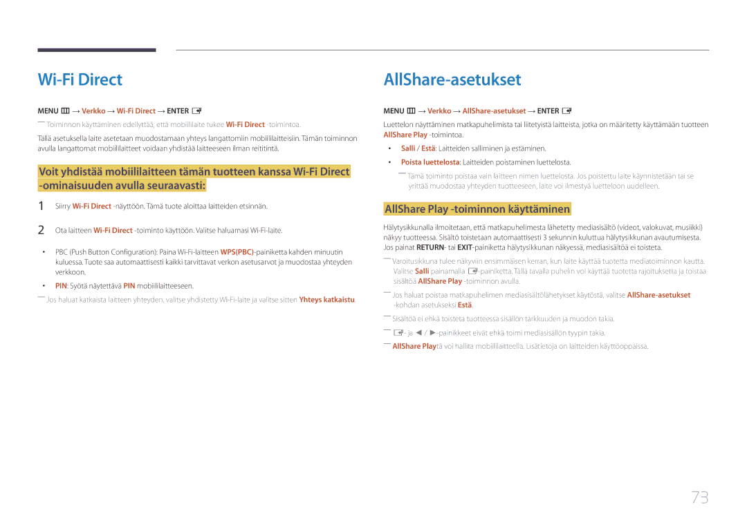 Samsung LH40DCEPLGC/EN, LH75EDEPLGC/EN manual Wi-Fi Direct, AllShare-asetukset, AllShare Play -toiminnon käyttäminen 