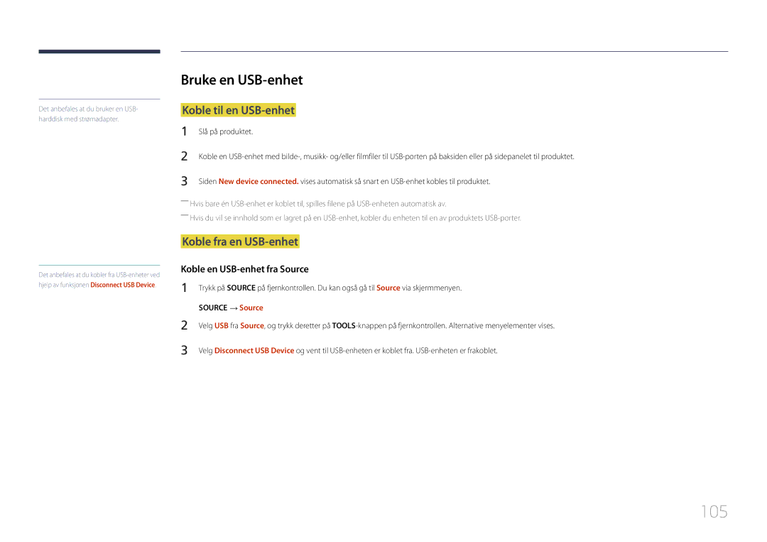 Samsung LH32DCEMLGC/EN manual 105, Bruke en USB-enhet, Koble til en USB-enhet, Koble fra en USB-enhet, Source → Source 