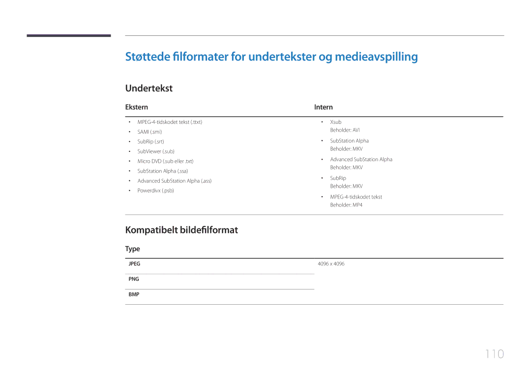 Samsung LH48DCEPLGC/EN, LH75EDEPLGC/EN manual Støttede filformater for undertekster og medieavspilling, 110, Undertekst 