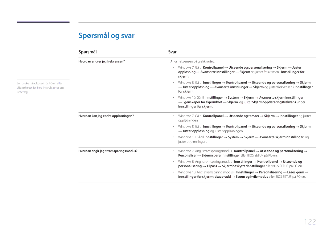 Samsung LH40DCEMLGC/EN, LH75EDEPLGC/EN, LH40DCEPLGC/EN, LH48DCEPLGC/EN, LH55DCEMLGC/EN Spørsmål og svar, 122, Spørsmål Svar 