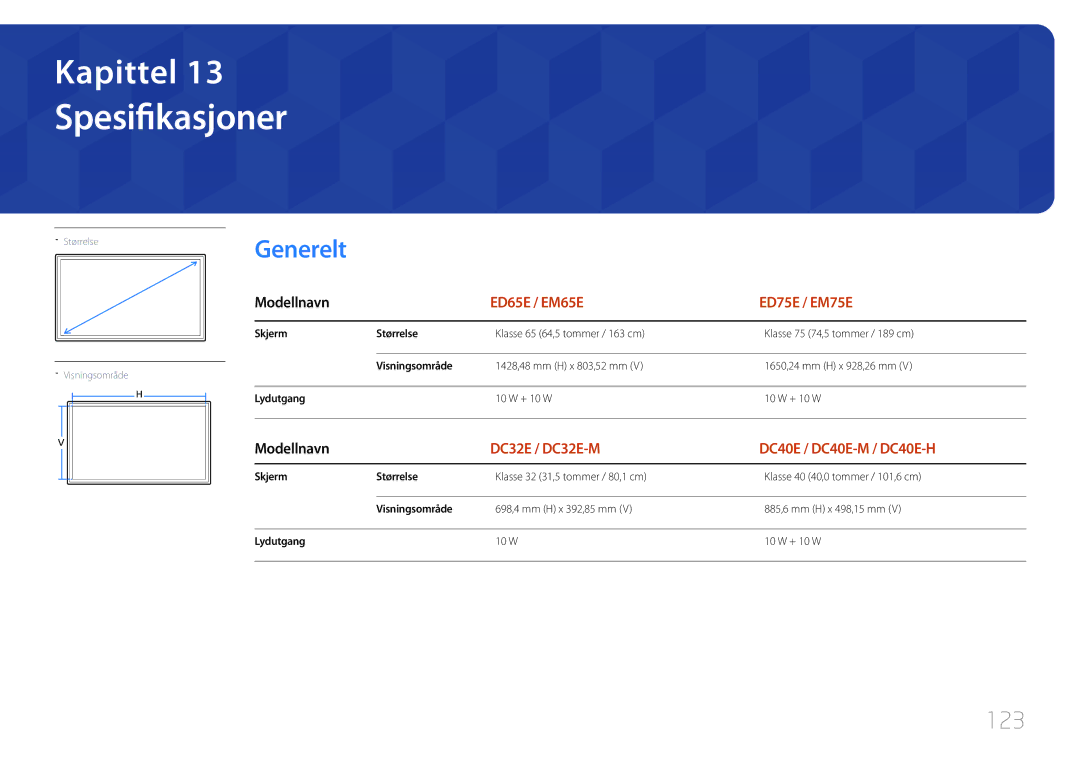 Samsung LH32DCEMLGC/EN, LH75EDEPLGC/EN, LH40DCEPLGC/EN, LH48DCEPLGC/EN, LH55DCEMLGC/EN manual Spesifikasjoner, Generelt, 123 