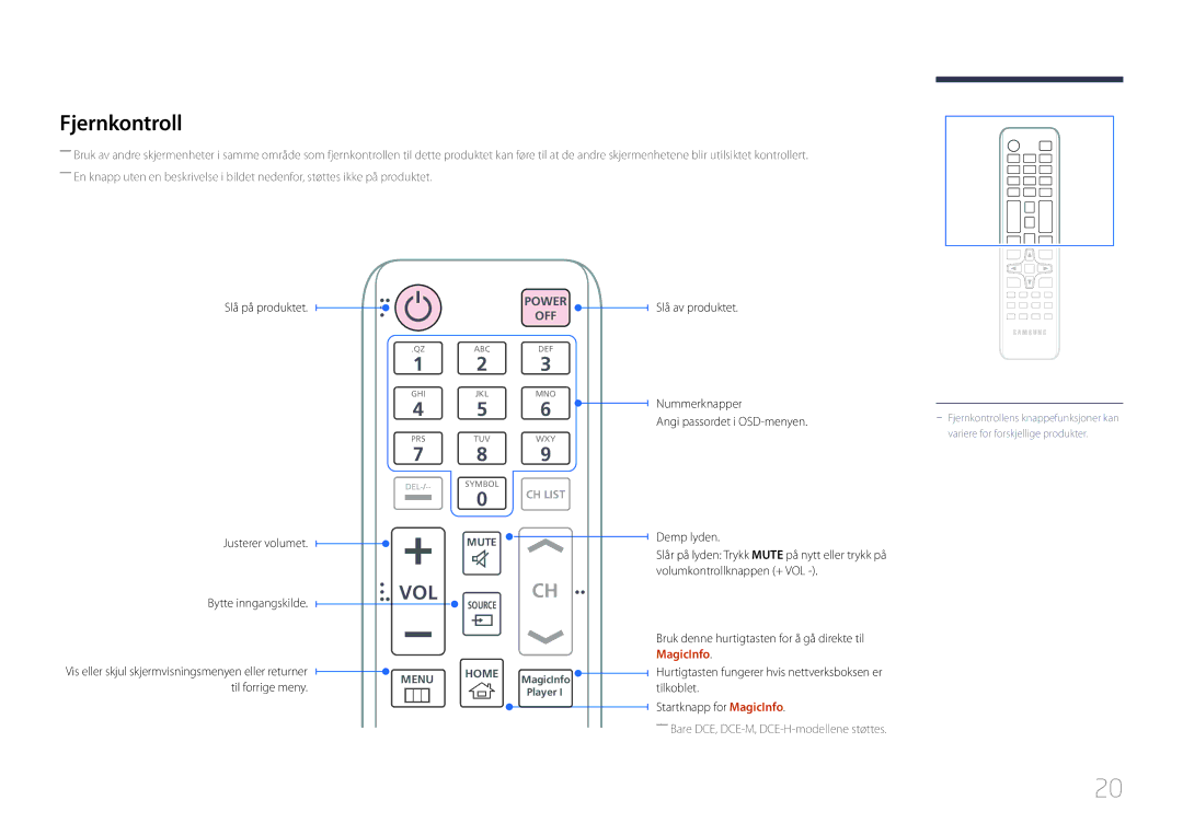 Samsung LH48DCEPLGC/EN, LH75EDEPLGC/EN, LH40DCEPLGC/EN Fjernkontroll, Slå på produktet Justerer volumet Bytte inngangskilde 