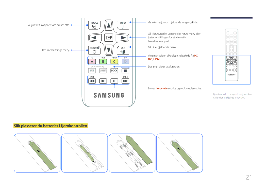 Samsung LH55DCEMLGC/EN manual Slik plasserer du batterier i fjernkontrollen, Velg raskt funksjoner som brukes ofte 