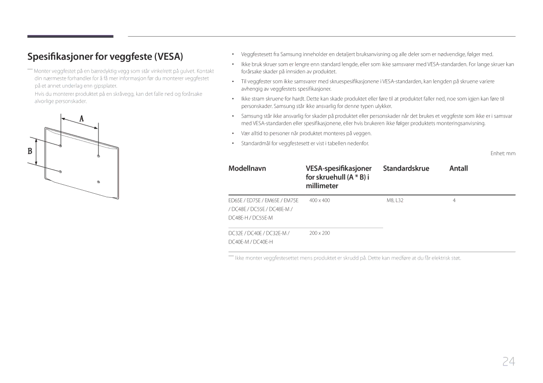 Samsung LH32DCEMLGC/EN Spesifikasjoner for veggfeste Vesa, Modellnavn, Standardskrue Antall For skruehull a * B Millimeter 