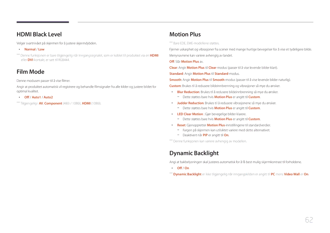 Samsung LH32DCEPLGC/EN, LH75EDEPLGC/EN, LH40DCEPLGC/EN manual Hdmi Black Level, Film Mode, Motion Plus, Dynamic Backlight 