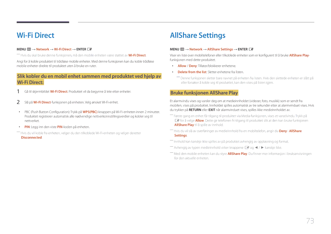 Samsung LH40DCEPLGC/EN, LH75EDEPLGC/EN, LH48DCEPLGC/EN manual Wi-Fi Direct, AllShare Settings, Bruke funksjonen AllShare Play 