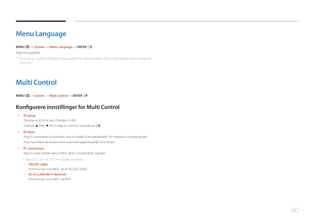 Samsung LH32DCEPLGC/EN, LH75EDEPLGC/EN, LH40DCEPLGC/EN manual Menu Language, Konfigurere innstillinger for Multi Control 