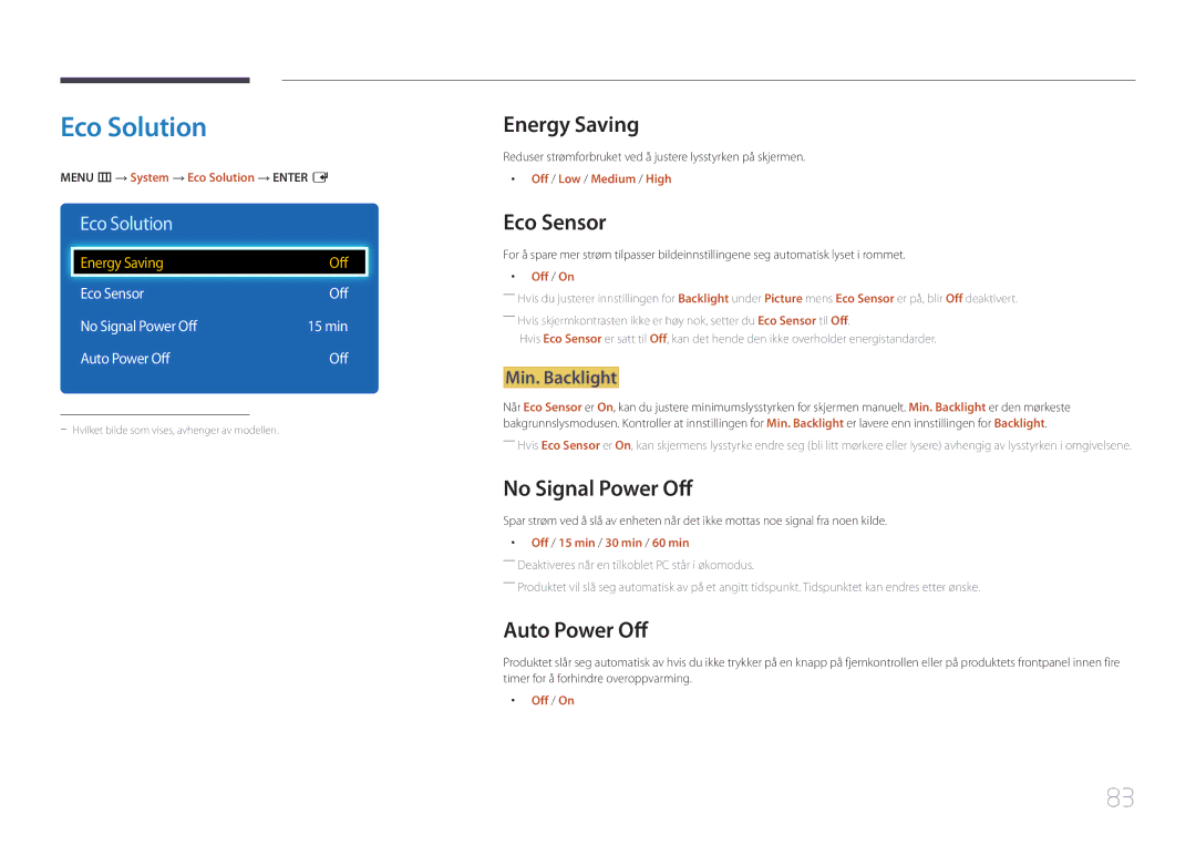 Samsung LH48DCEPLGC/EN, LH75EDEPLGC/EN manual Eco Solution, Energy Saving, Eco Sensor, No Signal Power Off, Auto Power Off 