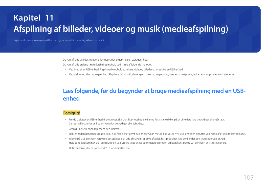 Samsung LH65EDEPLGC/EN, LH75EDEPLGC/EN, LH40DCEPLGC/EN manual 103, USB-harddiske, der er større end 2 TB, understøttes ikke 