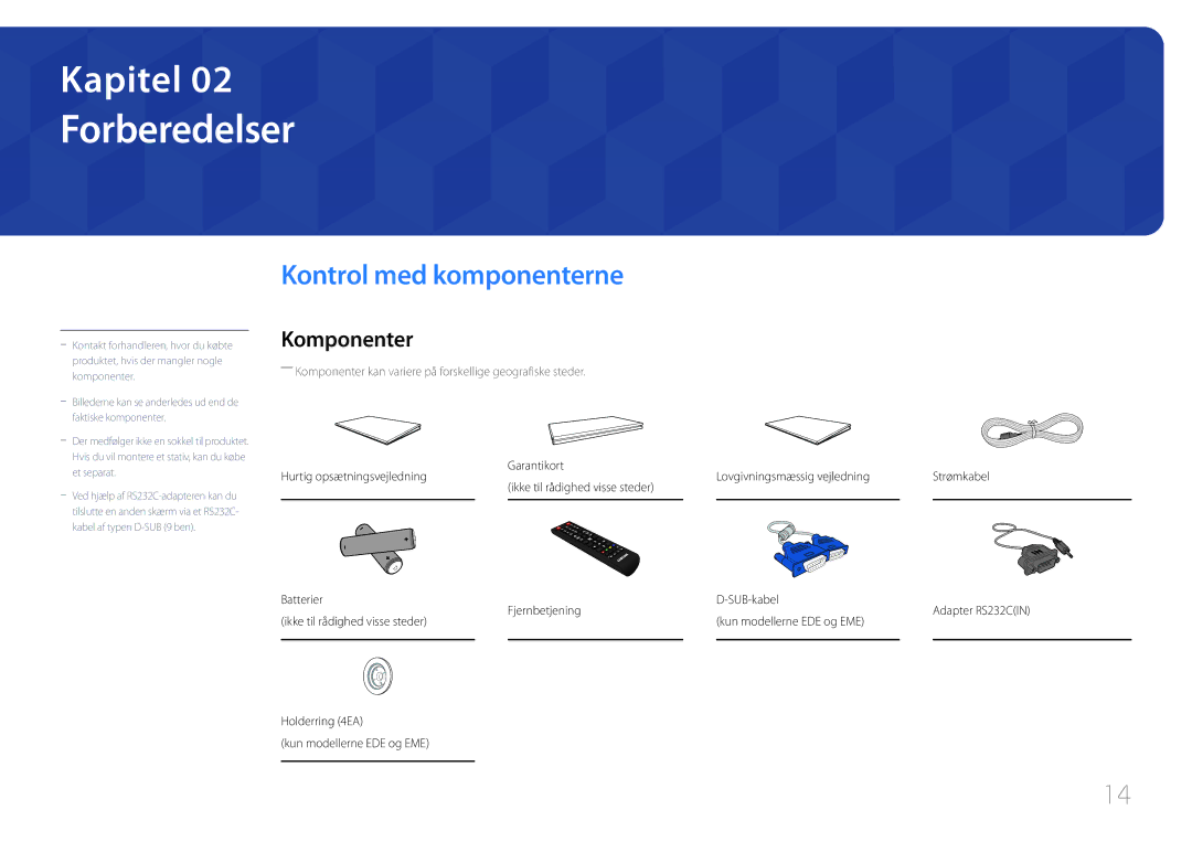 Samsung LH40DCEMLGC/EN Forberedelser, Kontrol med komponenterne, Komponenter, Garantikort, Lovgivningsmæssig vejledning 