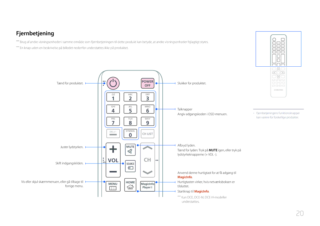 Samsung LH48DCEPLGC/EN, LH75EDEPLGC/EN manual Fjernbetjening, Tænd for produktet Juster lydstyrken Skift indgangskilden 