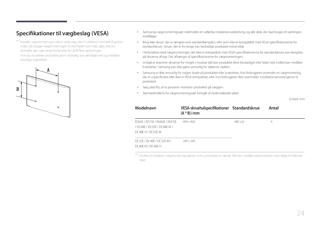 Samsung LH32DCEMLGC/EN, LH75EDEPLGC/EN manual Specifikationer til vægbeslag Vesa, Modelnavn, Standardskrue Antal I mm 