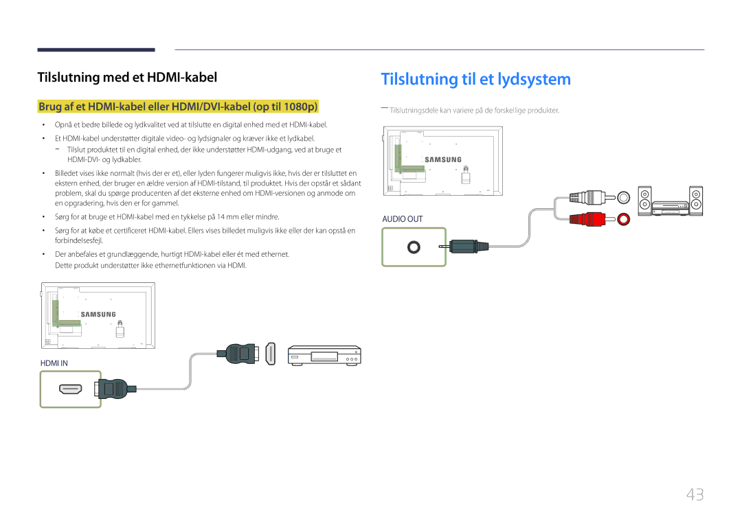 Samsung LH55DCEPLGC/EN manual Tilslutning til et lydsystem, Brug af et HDMI-kabel eller HDMI/DVI-kabel op til 1080p 