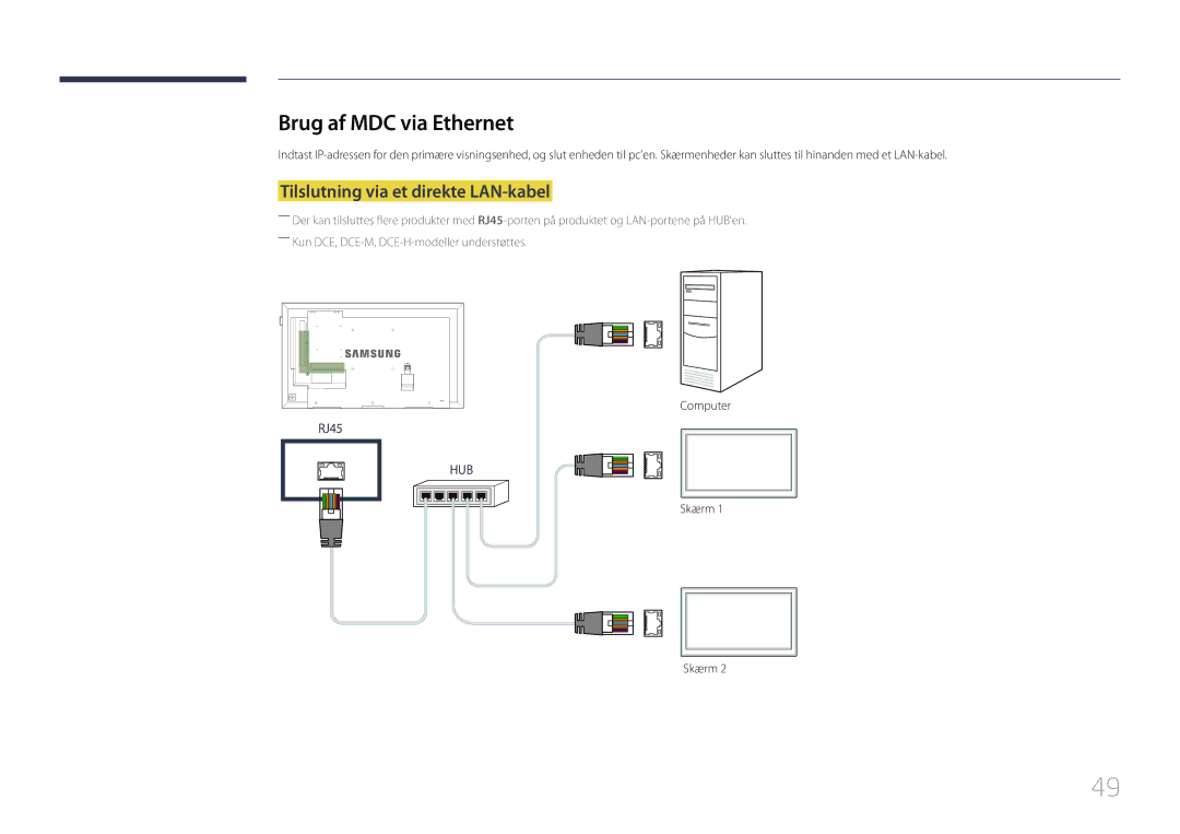 Samsung LH65EDEPLGC/EN, LH75EDEPLGC/EN, LH40DCEPLGC/EN manual Brug af MDC via Ethernet, Tilslutning via et direkte LAN-kabel 