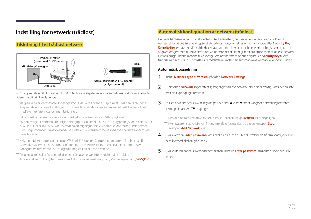 Samsung LH55DCEPLGC/EN, LH75EDEPLGC/EN manual Indstilling for netværk trådløst, Tilslutning til et trådløst netværk 