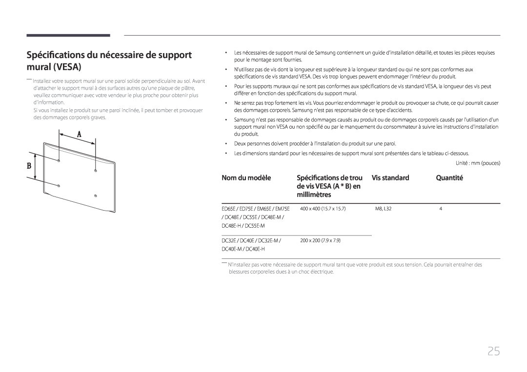 Samsung LH55DCEMLGC/EN manual Spécifications du nécessaire de support mural VESA, Nom du modèle, Vis standard, Quantité 