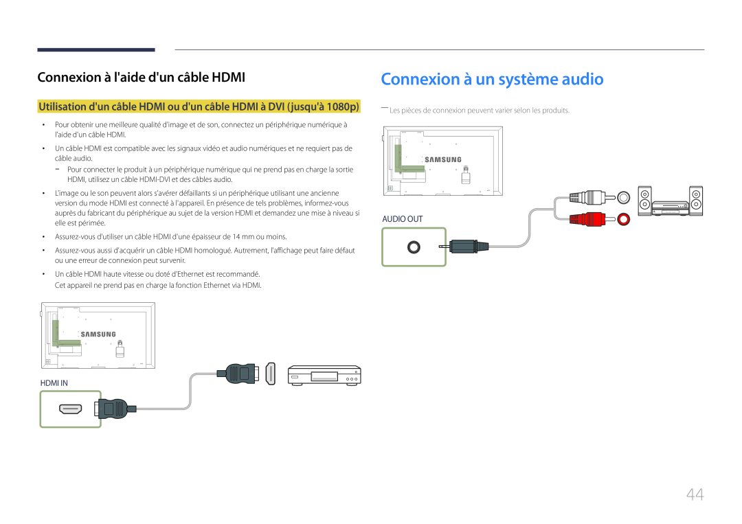Samsung LH75EDEPLGC/EN, LH40DCEPLGC/EN Connexion à un système audio, Audio Out, Connexion à laide dun câble HDMI, Hdmi In 