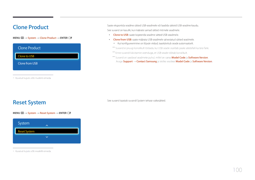 Samsung LH40DCEPLGC/EN, LH75EDEPLGC/EN, LH48DCEPLGC/EN, LH65EDEPLGC/EN manual Clone Product, Reset System, 100, Clone from USB 