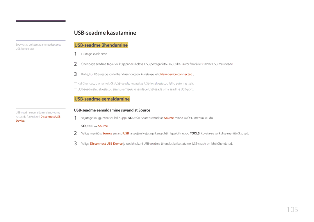 Samsung LH32DCEPLGC/EN manual 105, USB-seadme kasutamine, USB-seadme ühendamine, USB-seadme eemaldamine, Source → Source 