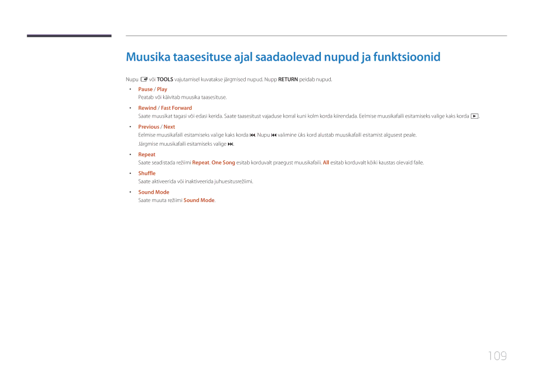 Samsung LH40DCEPLGC/EN, LH75EDEPLGC/EN Muusika taasesituse ajal saadaolevad nupud ja funktsioonid, 109, Repeat, Shuffle 