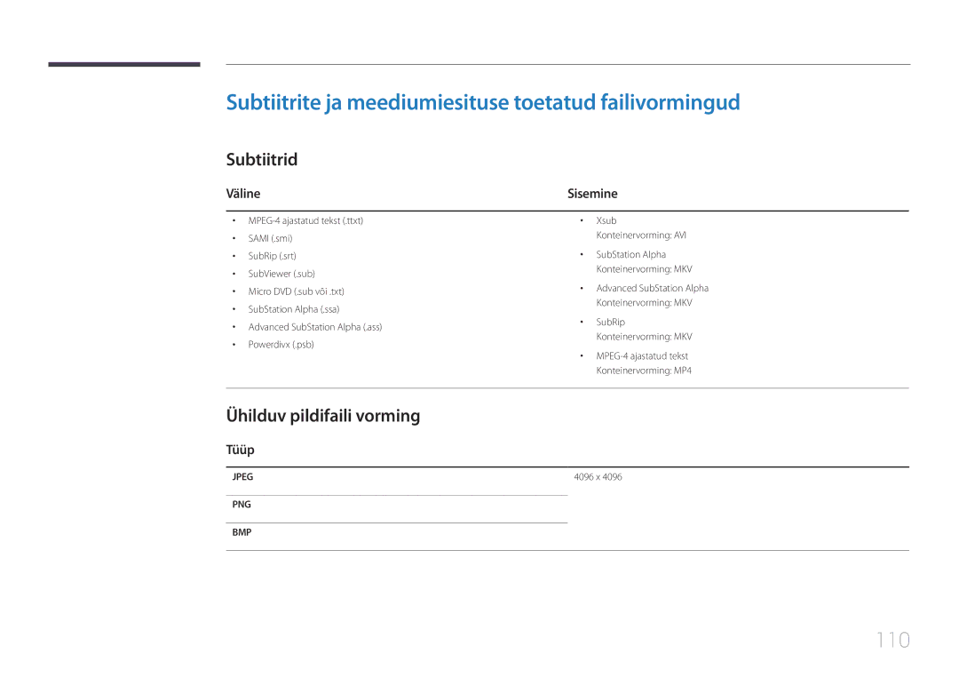 Samsung LH48DCEPLGC/EN Subtiitrite ja meediumiesituse toetatud failivormingud, 110, Subtiitrid, Ühilduv pildifaili vorming 