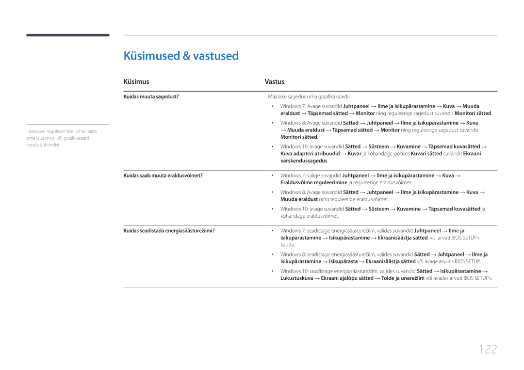 Samsung LH55DCEPLGC/EN, LH75EDEPLGC/EN, LH40DCEPLGC/EN, LH48DCEPLGC/EN manual Küsimused & vastused, 122, Küsimus Vastus 