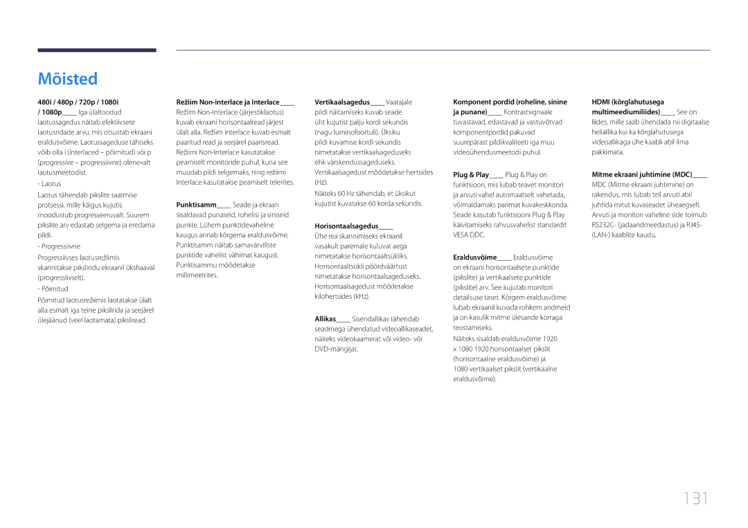 Samsung LH55DCEPLGC/EN, LH75EDEPLGC/EN, LH40DCEPLGC/EN, LH48DCEPLGC/EN, LH65EDEPLGC/EN, LH40DCEMLGC/EN manual Mõisted, 131 