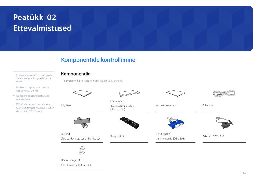 Samsung LH55DCEPLGC/EN, LH75EDEPLGC/EN, LH40DCEPLGC/EN manual Ettevalmistused, Komponentide kontrollimine, Komponendid 